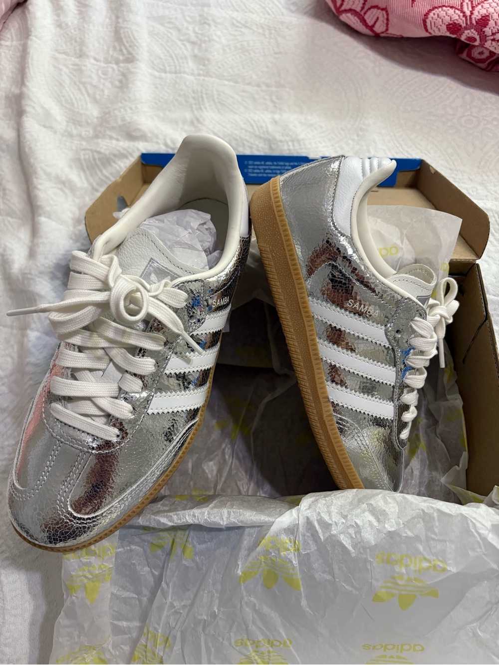 adidas Silver Metallic Samba Sneakers with White Stripes and Gum Sole